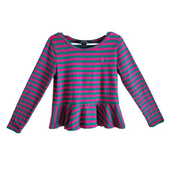POLO RALPH LAUREN Girl's 6 Peplum Top Striped Green Pink Pony Logo Chest 24" - Picture 1 of 7